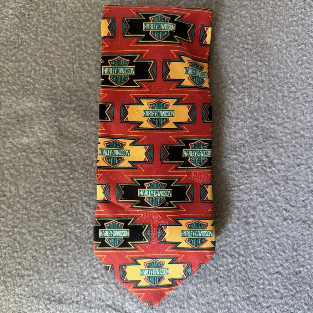 Harley Davidson Silk Tie Red Yellow Black Thunderbird Logo Necktie Y2k USA Gift